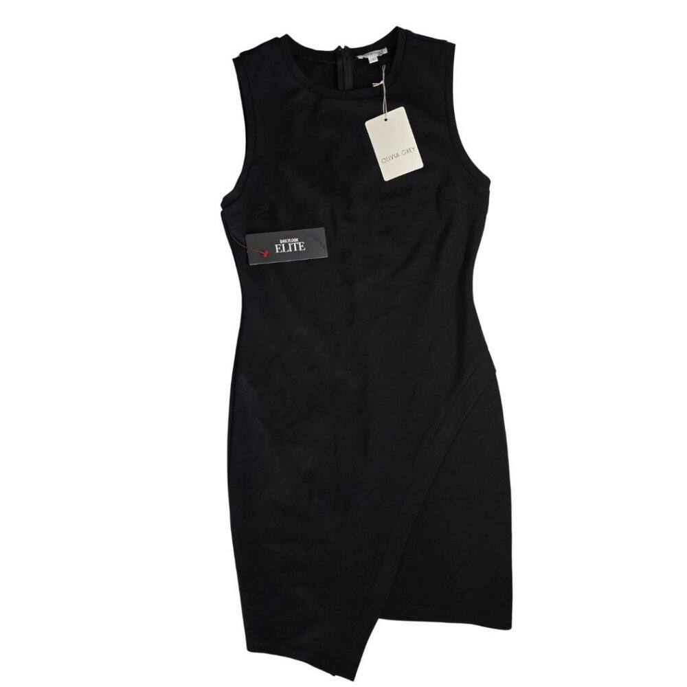NWT Olivia Grey Black Sheath Dress Small Faux Wrap Asymmetrical Hem Career